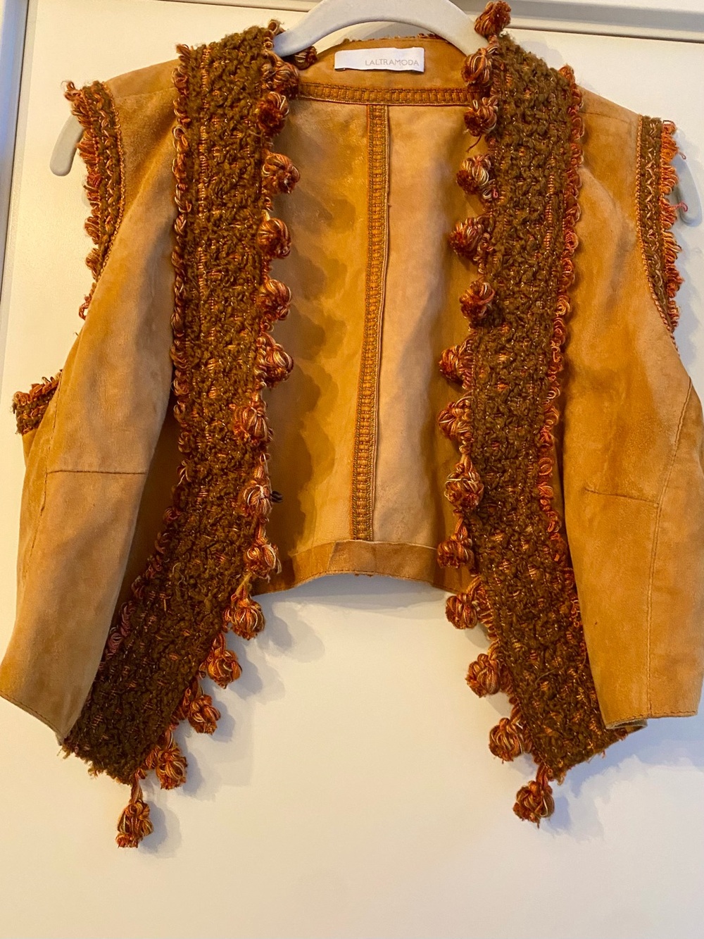 Suede Cropped Vest with Knitted Tassel Trim - Tan